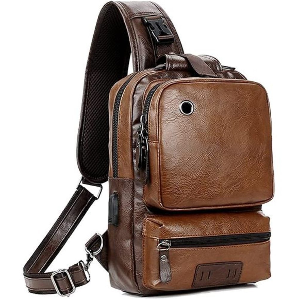 Mens Leather Sling Backpack with USB Charger
